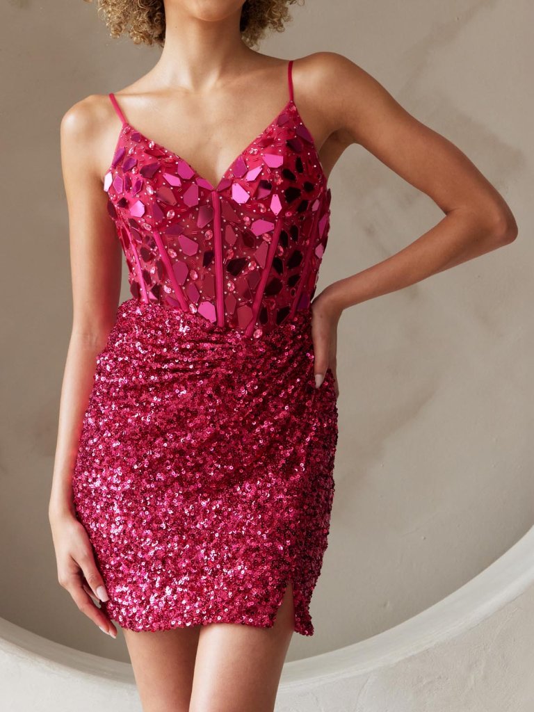 Fuchsia Sequin Mirror Corset Homecoming Formal Mini Dress 4